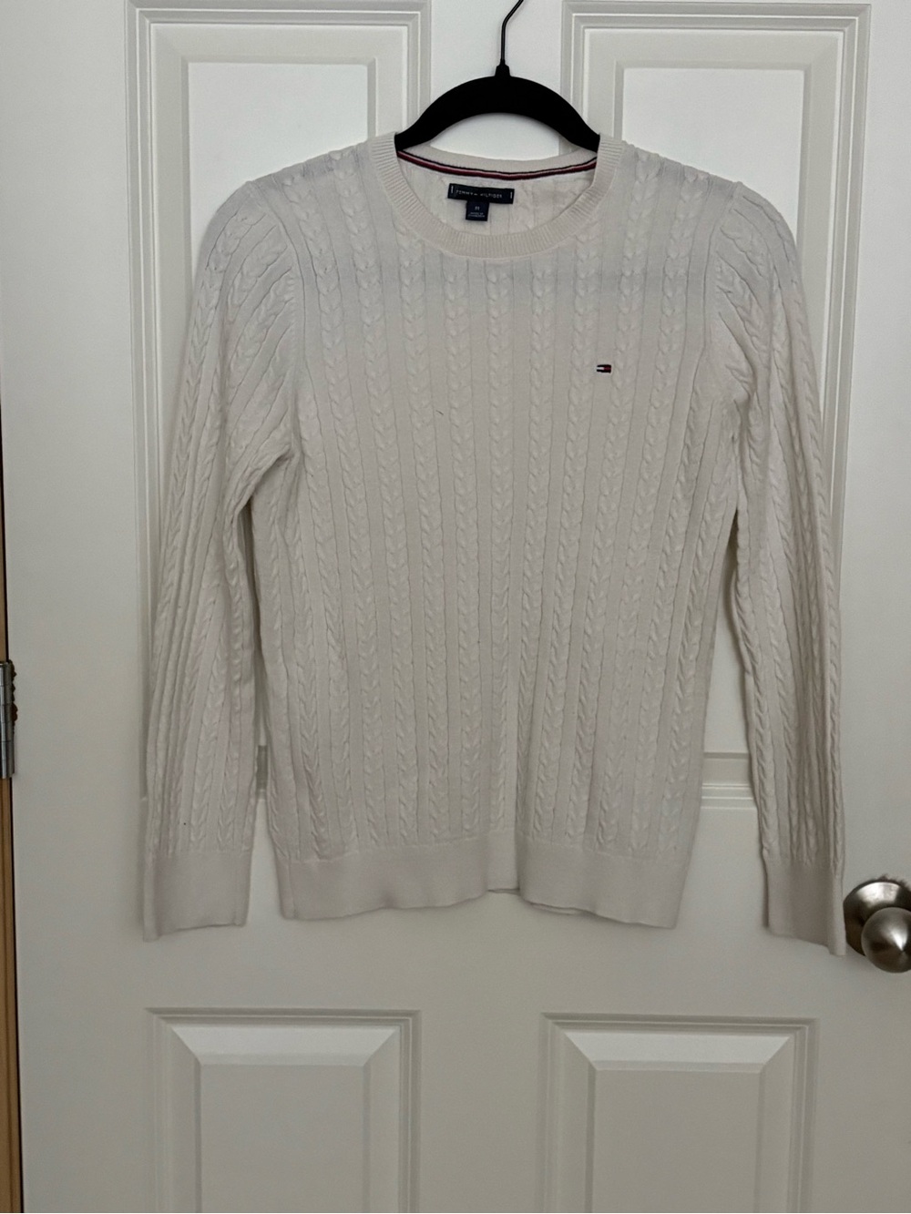 Tommy Hilfiger white Cable-Knit Crewneck Sweater with Flag Patch